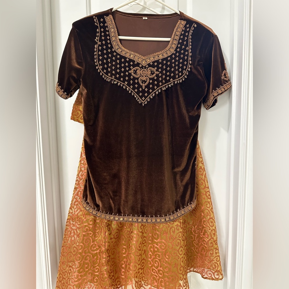 Beautiful velvet blouse top with golden lehenga (skirt) and dupatta.